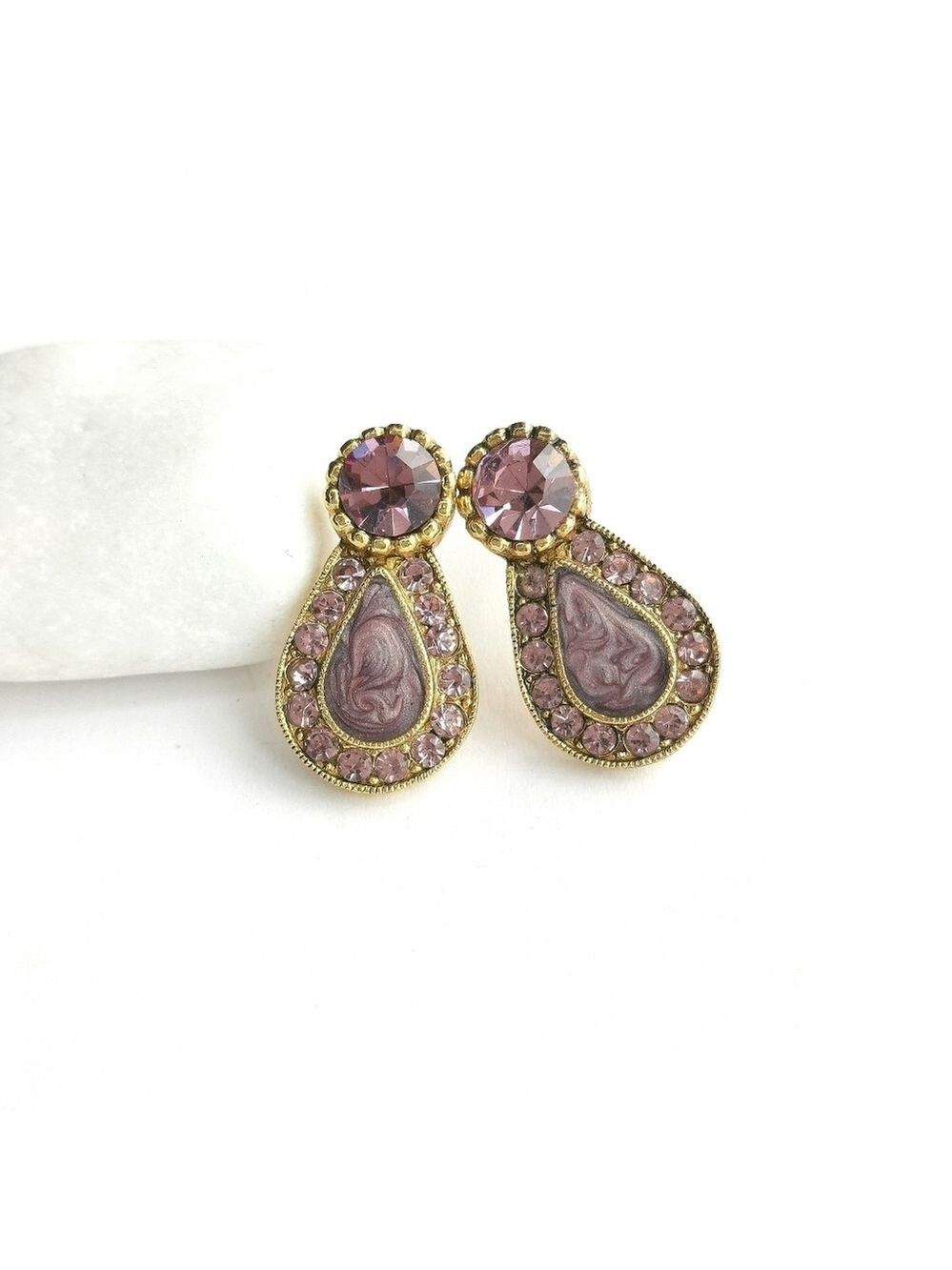 Vintage 90s lavender purple crystal and enamel  stud earrings